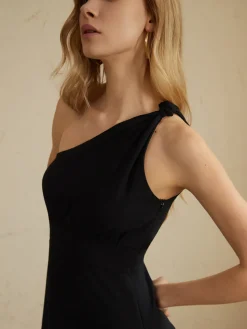 Discount Asymmetric Shoulder Knotted Midi Dress Black Dresses|Casual Dresses