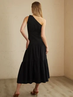 Discount Asymmetric Shoulder Knotted Midi Dress Black Dresses|Casual Dresses