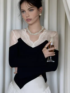 Hot Asymmetric Skinny Lace Panel Blouse Blouses & Shirts|Tops