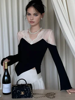Hot Asymmetric Skinny Lace Panel Blouse Blouses & Shirts|Tops