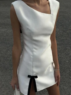 Sale Asymmetrical Bow Decor Split Short Dress White Dresses|Casual Dresses