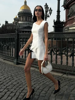 Sale Asymmetrical Bow Decor Split Short Dress White Dresses|Casual Dresses