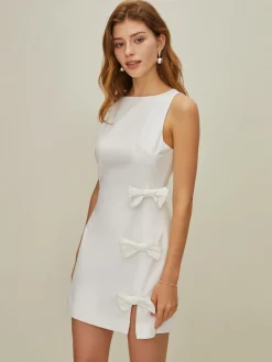 Online Asymmetrical Bow Short Dress White Dresses|Casual Dresses