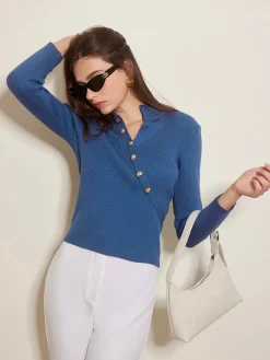 Hot Asymmetrical Breasted Slim Polo Sweater Sweater Tops|Sweaters & Cardigans