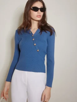 Hot Asymmetrical Breasted Slim Polo Sweater Sweater Tops|Sweaters & Cardigans