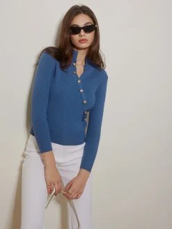 Hot Asymmetrical Breasted Slim Polo Sweater Sweater Tops|Sweaters & Cardigans