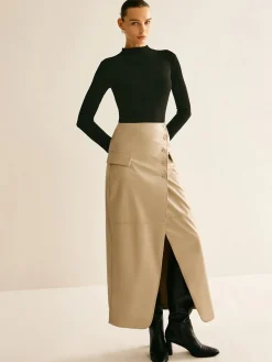Online Asymmetrical Button Faux Leather Skirt Skirts|Bottoms