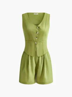 Clearance Asymmetrical Button Pleated Shorts Set Matching Sets