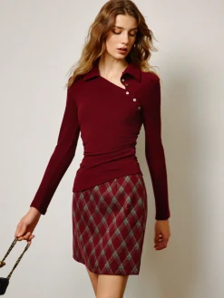 Clearance Asymmetrical Button Skinny Polo Blouse Tops