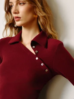 Clearance Asymmetrical Button Skinny Polo Blouse Tops