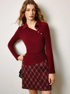 Clearance Asymmetrical Button Skinny Polo Blouse Tops