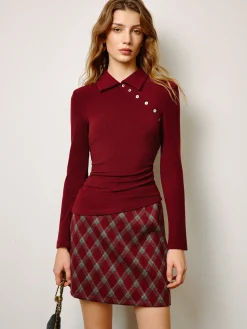 Clearance Asymmetrical Button Skinny Polo Blouse Tops