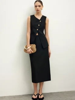 Hot Asymmetrical Button Top  A Line Skirt set Skirt Sets|Long Sleeve Sets