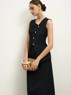 Hot Asymmetrical Button Top  A Line Skirt set Skirt Sets|Long Sleeve Sets