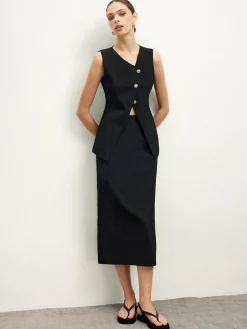 Hot Asymmetrical Button Top  A Line Skirt set Skirt Sets|Long Sleeve Sets