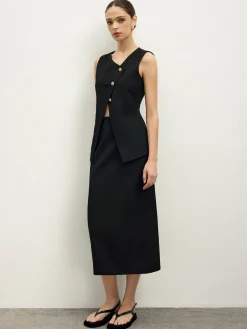 Hot Asymmetrical Button Top  A Line Skirt set Skirt Sets|Long Sleeve Sets
