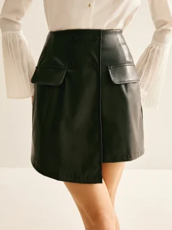 Asymmetrical Button Zipper PU Skirt Skirts|Bottoms