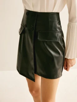 Asymmetrical Button Zipper PU Skirt Skirts|Bottoms