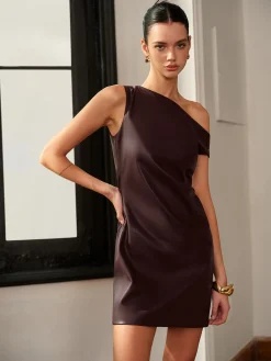 Asymmetrical Cold-Shoulder PU Leather Dress Cocktail & Party Dresses|Short Dresses