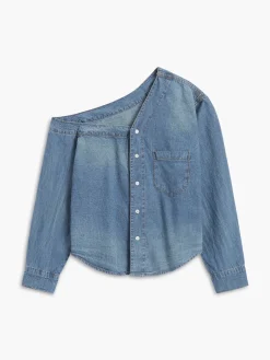 Online Asymmetrical Collar Denim Crop Shirt Crop Tops|Denim