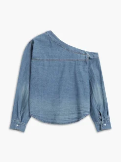 Online Asymmetrical Collar Denim Crop Shirt Crop Tops|Denim