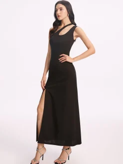 Online Asymmetrical Collar Long Dress Black Dresses|Cocktail & Party Dresses