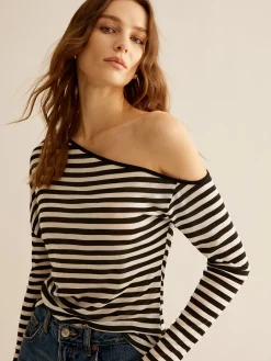 Sale Asymmetrical Collar Striped T-Shirt T-shirts|Tops