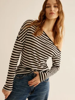 Sale Asymmetrical Collar Striped T-Shirt T-shirts|Tops