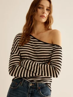 Sale Asymmetrical Collar Striped T-Shirt T-shirts|Tops
