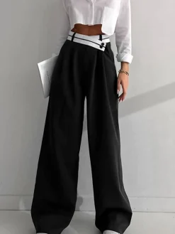 Online Asymmetrical Contrast Waistband Wide Leg Dress Pants Wide Leg|Pants