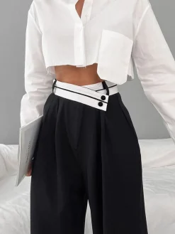 Online Asymmetrical Contrast Waistband Wide Leg Dress Pants Wide Leg|Pants