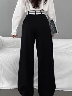 Online Asymmetrical Contrast Waistband Wide Leg Dress Pants Wide Leg|Pants