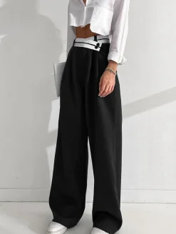 Online Asymmetrical Contrast Waistband Wide Leg Dress Pants Wide Leg|Pants