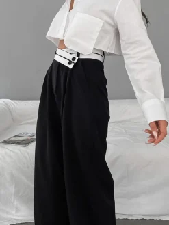 Online Asymmetrical Contrast Waistband Wide Leg Dress Pants Wide Leg|Pants
