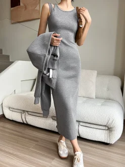 New Asymmetrical Crew Neck Split Maxi Dress Black Dresses|Long Sleeve Sets