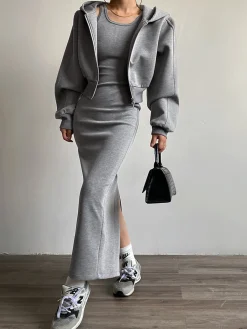 New Asymmetrical Crew Neck Split Maxi Dress Black Dresses|Long Sleeve Sets