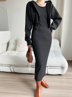 New Asymmetrical Crew Neck Split Maxi Dress Black Dresses|Long Sleeve Sets