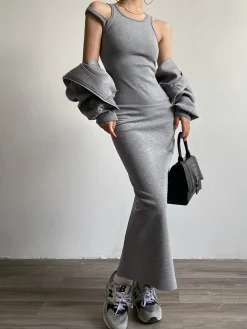 New Asymmetrical Crew Neck Split Maxi Dress Black Dresses|Long Sleeve Sets