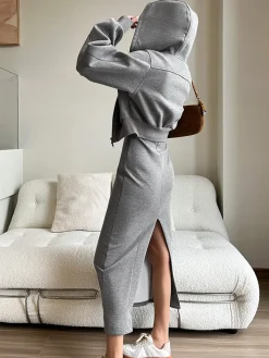 New Asymmetrical Crew Neck Split Maxi Dress Black Dresses|Long Sleeve Sets