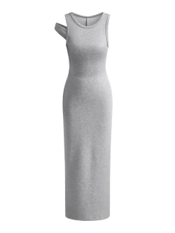 New Asymmetrical Crew Neck Split Maxi Dress Black Dresses|Long Sleeve Sets