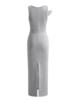 New Asymmetrical Crew Neck Split Maxi Dress Black Dresses|Long Sleeve Sets