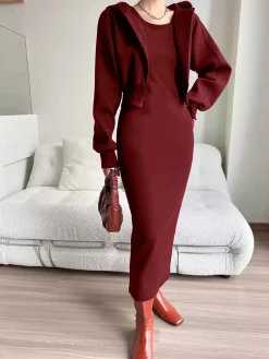 New Asymmetrical Crew Neck Split Maxi Dress Black Dresses|Long Sleeve Sets