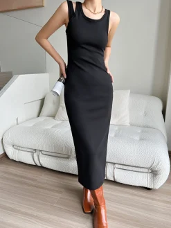 New Asymmetrical Crew Neck Split Maxi Dress Black Dresses|Long Sleeve Sets