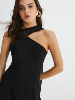 Hot Asymmetrical Cutaway Shoulder Short Dress Black Dresses|Casual Dresses