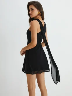 Hot Asymmetrical Cutaway Shoulder Short Dress Black Dresses|Casual Dresses
