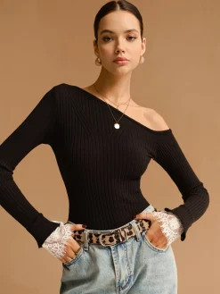 Clearance Asymmetrical Lace-Cuff Slim Sweater Sweater Tops|Sweaters & Cardigans