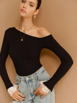 Best Asymmetrical Lace-Cuff Slim Sweater Sweater Tops|Sweaters & Cardigans