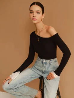 Best Asymmetrical Lace-Cuff Slim Sweater Sweater Tops|Sweaters & Cardigans