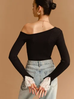 Best Asymmetrical Lace-Cuff Slim Sweater Sweater Tops|Sweaters & Cardigans