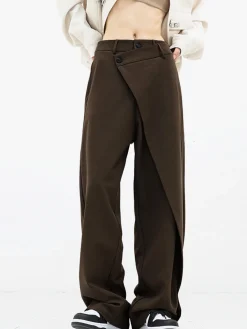 Hot Asymmetrical Layer Button Wide Leg Dress Pants Wide Leg|Pants
